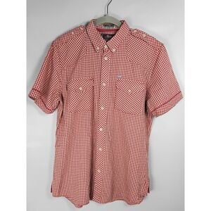Akoo Gingham Check‎ Button Up Short Sleeve Shirt Mens Large Patches Red Graphic